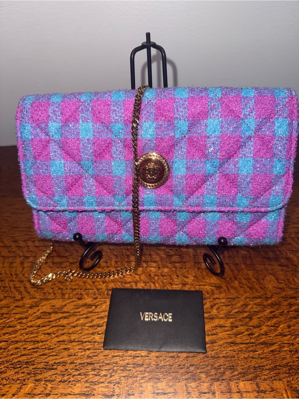 NWOT Versace La Medusa Boucle Quilted Tweed Pouchette/Clutch  on Chain w/COA